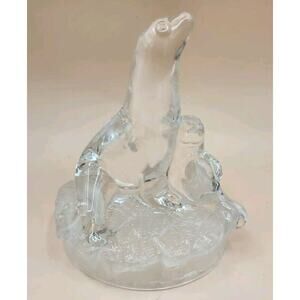 Vintage Heavy Glass Figurine Of Seal And Seal Baby On Frosted Base Paperweight